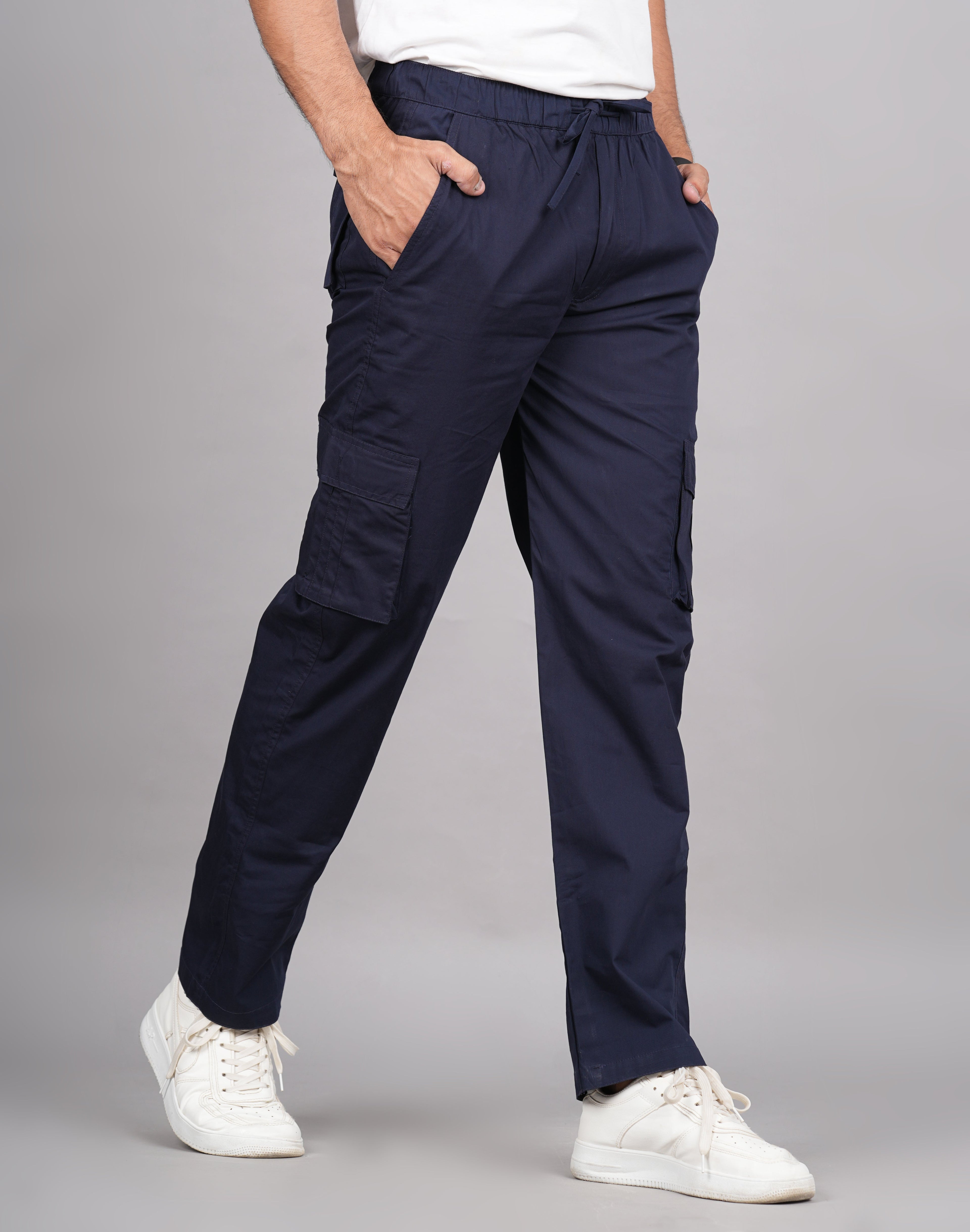 House of RP Men's Cotton Blue Slim Fit Solid Cargos, Casual Trousers with Cargo Pockets | Grocsy