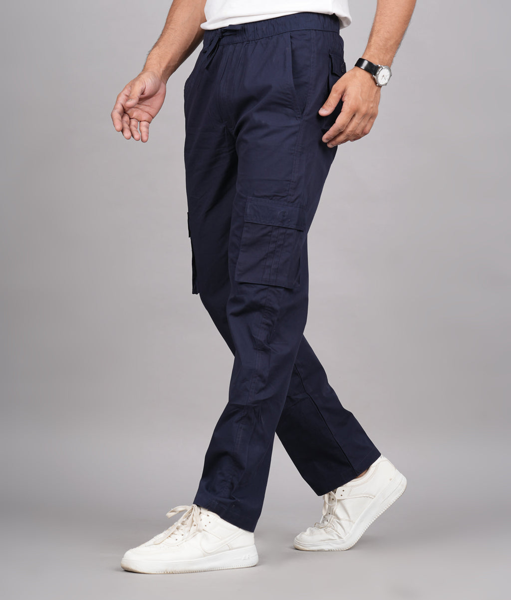 House of RP Men's Cotton Blue Slim Fit Solid Cargos, Casual Trousers with Cargo Pockets | Grocsy