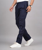House of RP Men's Cotton Blue Slim Fit Solid Cargos, Casual Trousers with Cargo Pockets | Grocsy