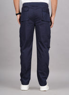 House of RP Men's Cotton Blue Slim Fit Solid Cargos, Casual Trousers with Cargo Pockets | Grocsy
