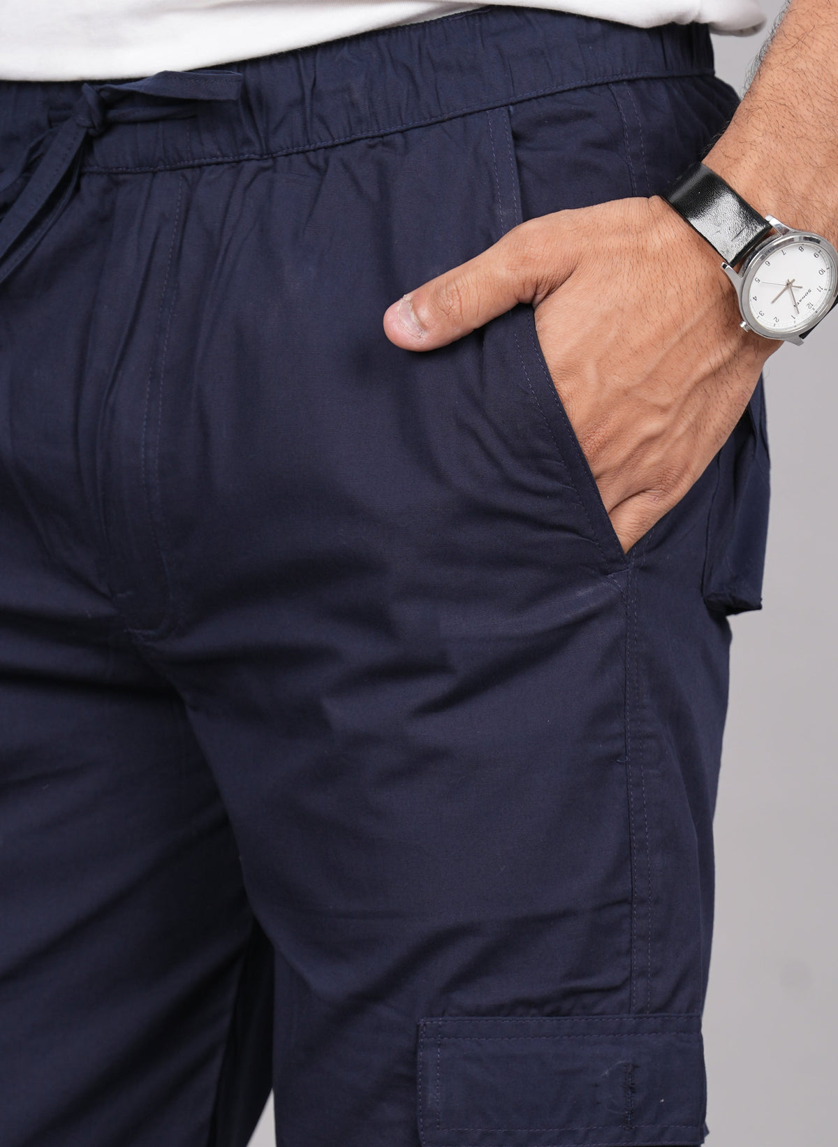 House of RP Men's Cotton Blue Slim Fit Solid Cargos, Casual Trousers with Cargo Pockets | Grocsy