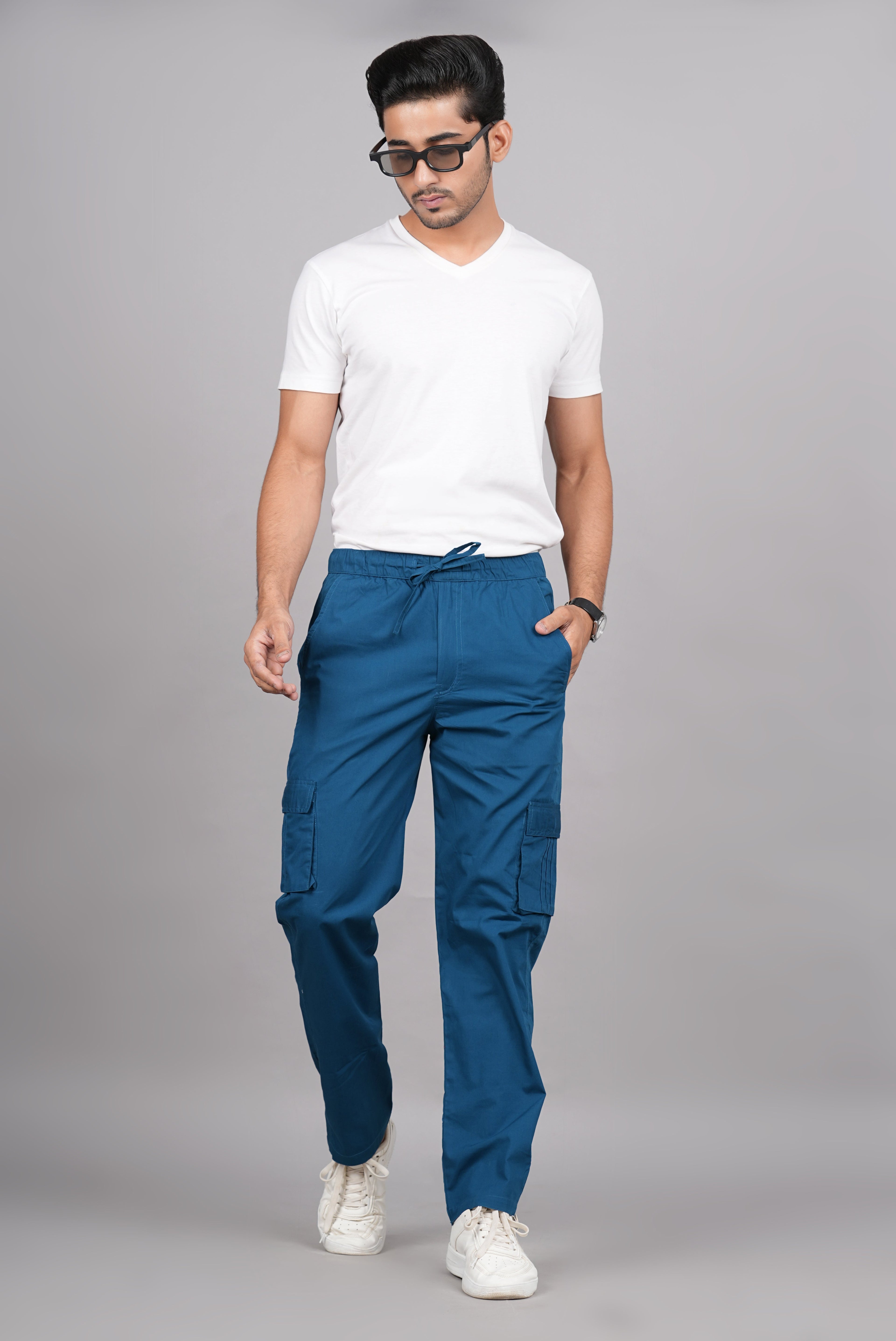 House of RP Men's Cotton DarkBlue Slim Fit Solid Cargos, Casual Trousers with Cargo Pockets | Grocsy