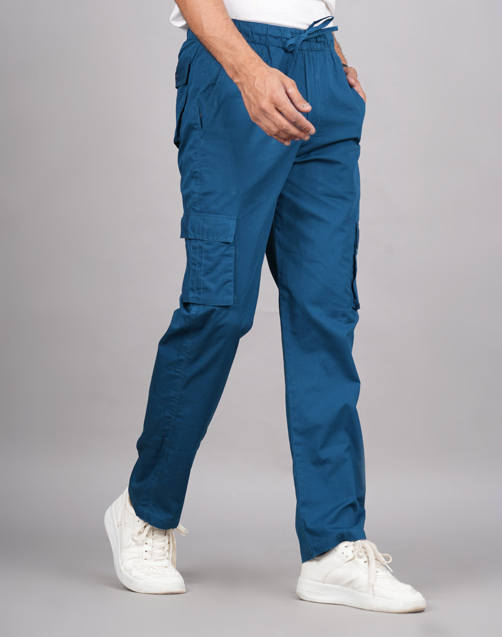 House of RP Men's Cotton DarkBlue Slim Fit Solid Cargos, Casual Trousers with Cargo Pockets | Grocsy