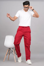 House of RP Men's Cotton Red Slim Fit Solid Cargos, Casual Trousers with Cargo Pockets | Grocsy