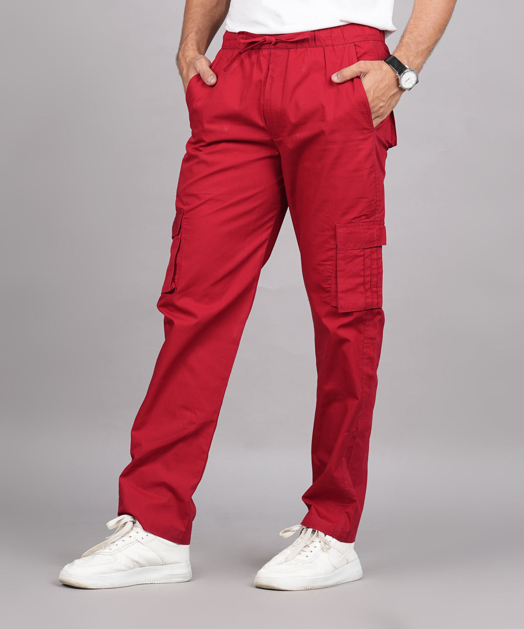 House of RP Men's Cotton Red Slim Fit Solid Cargos, Casual Trousers with Cargo Pockets | Grocsy