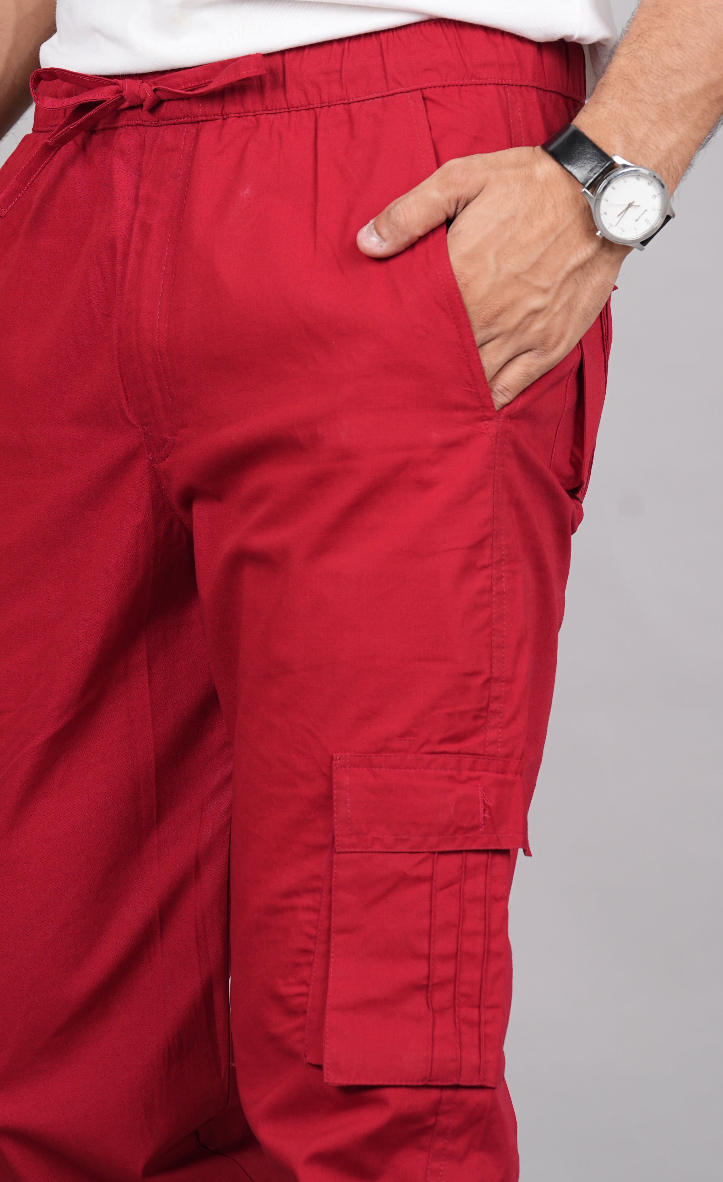 House of RP Men's Cotton Red Slim Fit Solid Cargos, Casual Trousers with Cargo Pockets | Grocsy