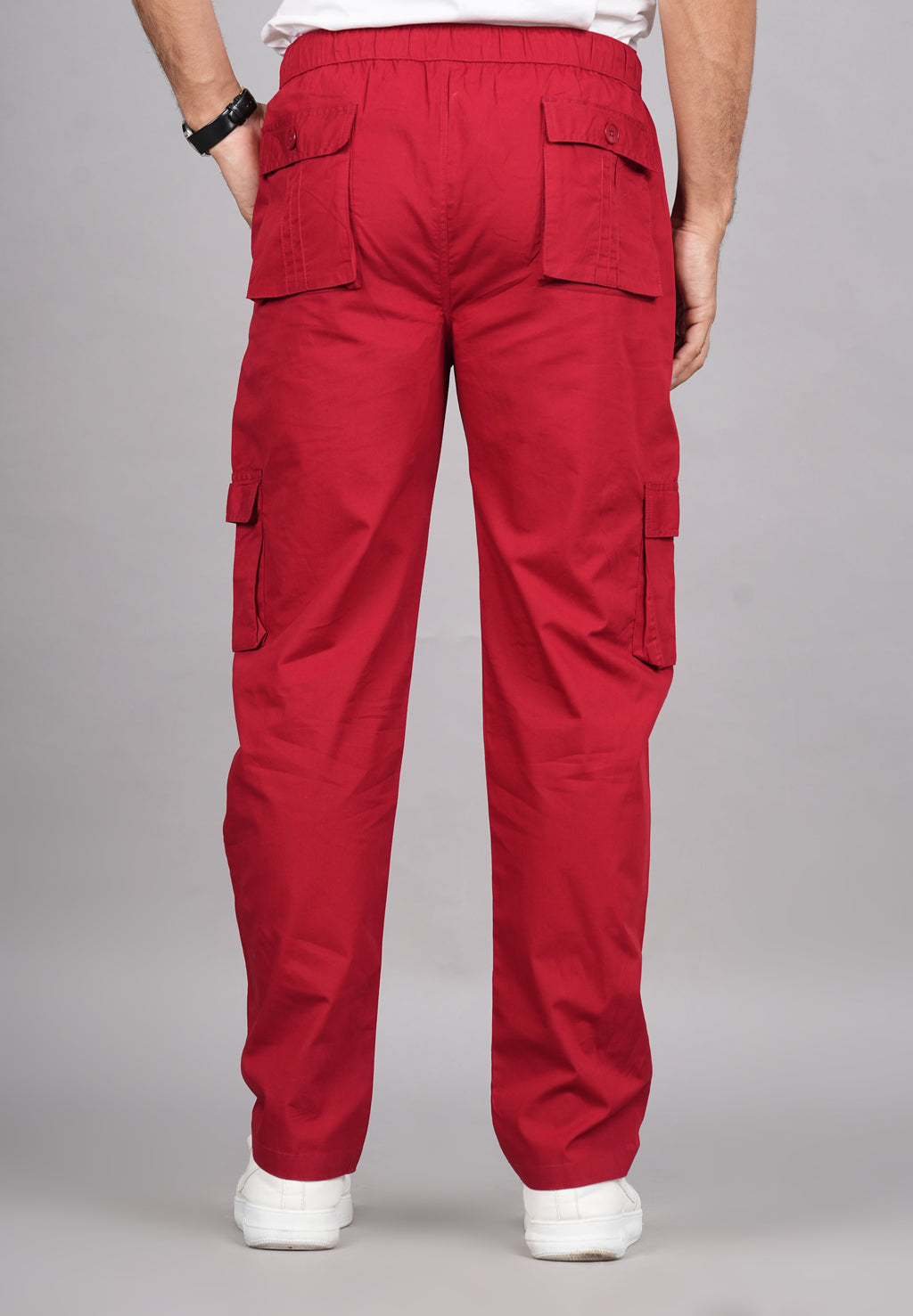 House of RP Men's Cotton Red Slim Fit Solid Cargos, Casual Trousers with Cargo Pockets | Grocsy