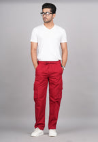 House of RP Men's Cotton Red Slim Fit Solid Cargos, Casual Trousers with Cargo Pockets | Grocsy