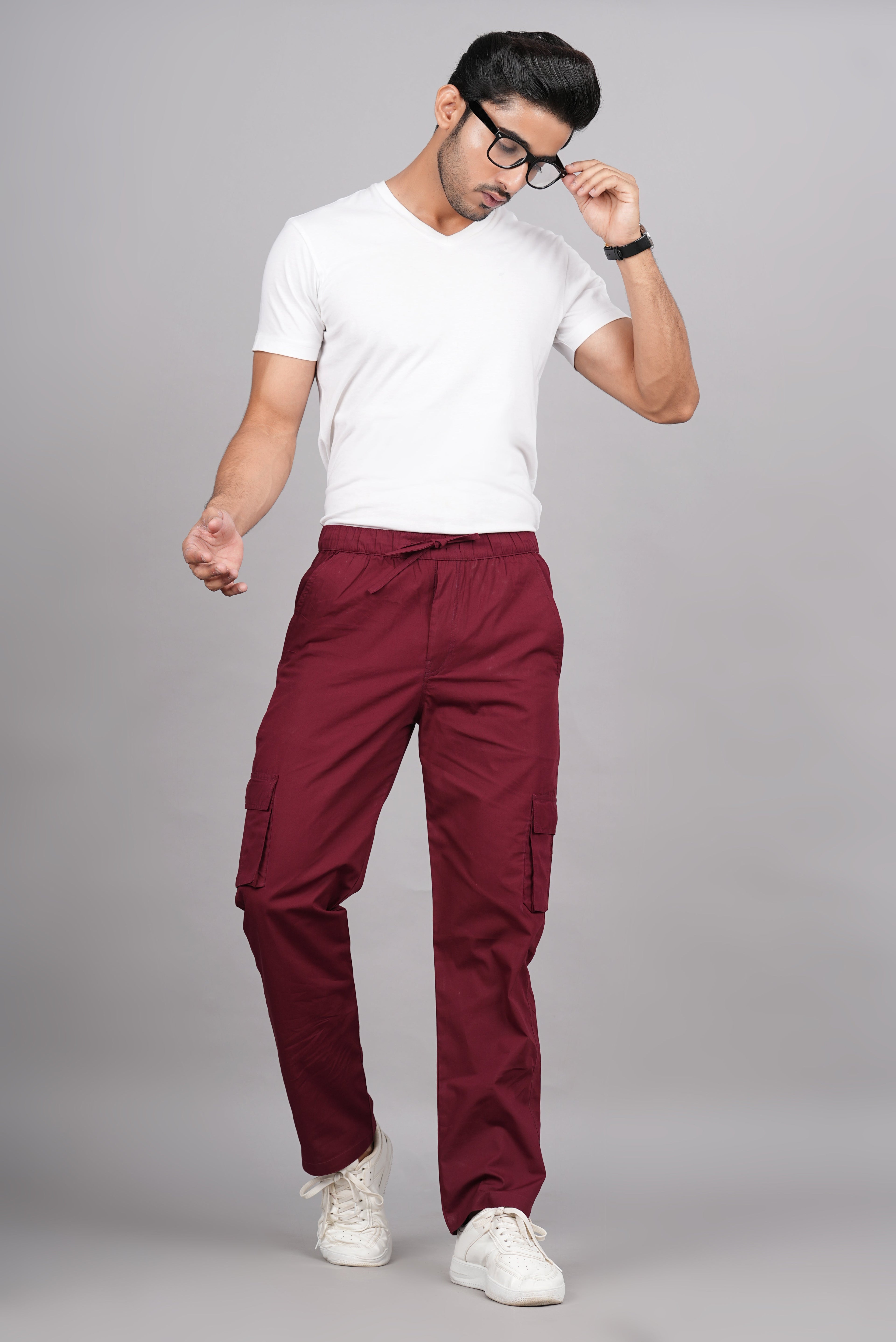 House of RP Men's Cotton Maroon Slim Fit Solid Cargos, Casual Trousers with Cargo Pockets | Grocsy