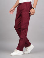 House of RP Men's Cotton Maroon Slim Fit Solid Cargos, Casual Trousers with Cargo Pockets | Grocsy