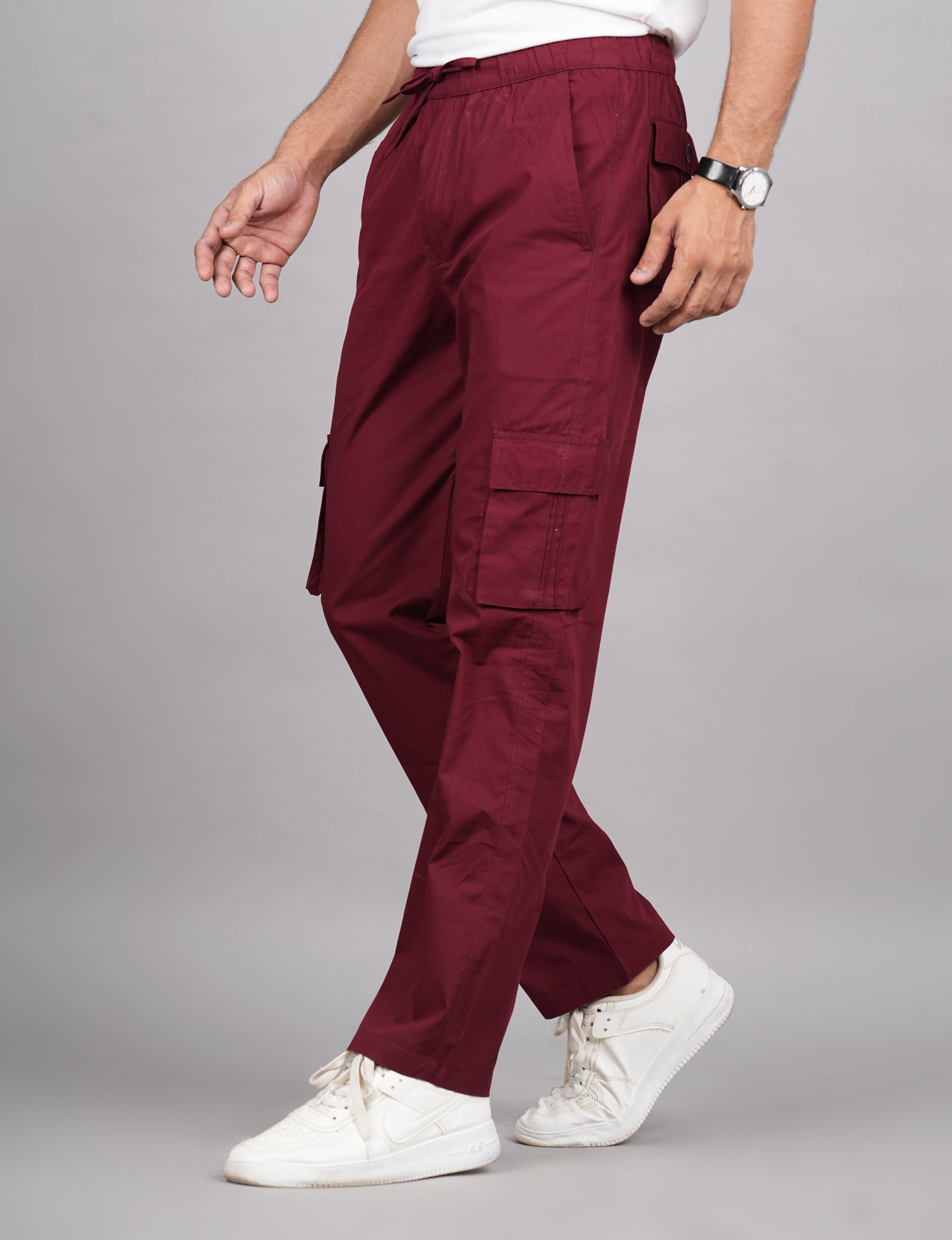 House of RP Men's Cotton Maroon Slim Fit Solid Cargos, Casual Trousers with Cargo Pockets | Grocsy