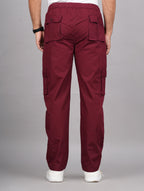 House of RP Men's Cotton Maroon Slim Fit Solid Cargos, Casual Trousers with Cargo Pockets | Grocsy
