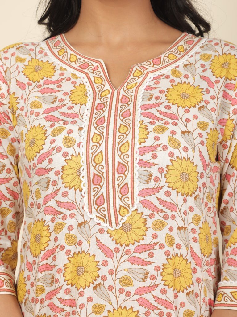 Aramya Straight Soft Cotton Floral Print Women's Kurta - Off White | Grocsy
