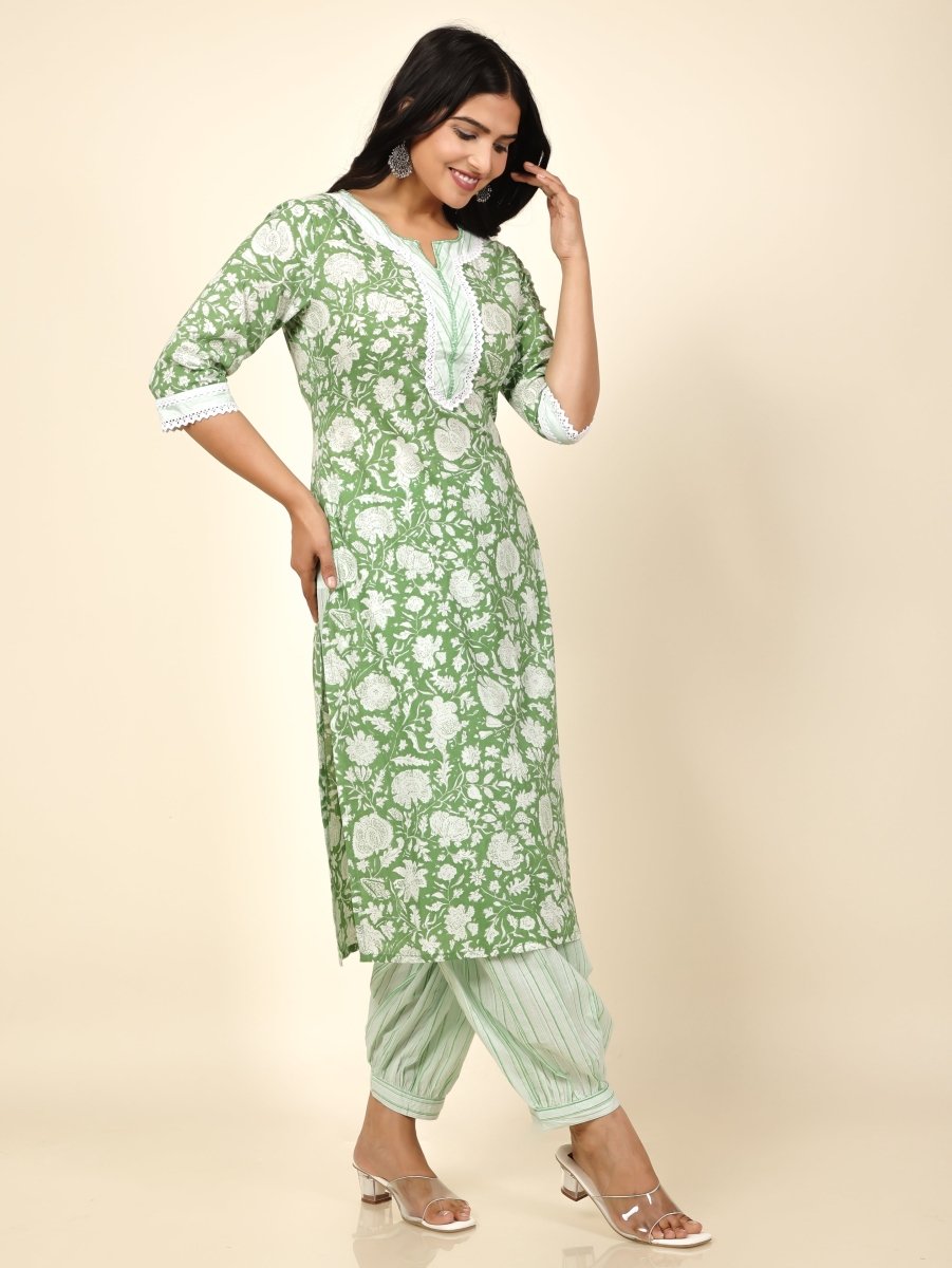 Aramya Straight Soft Cotton Floral Print Women's Kurta Set - Green | Grocsy