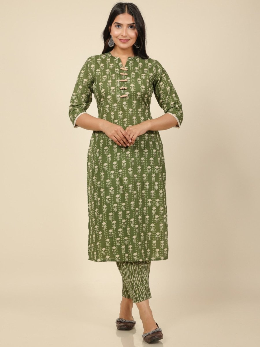 Aramya Straight Soft Cotton Floral Print Women's Kurta Set - Green | Grocsy