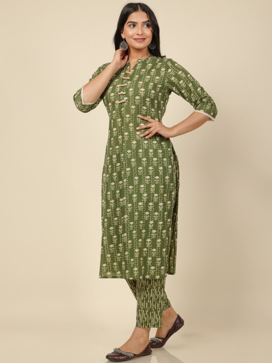 Aramya Straight Soft Cotton Floral Print Women's Kurta Set - Green | Grocsy
