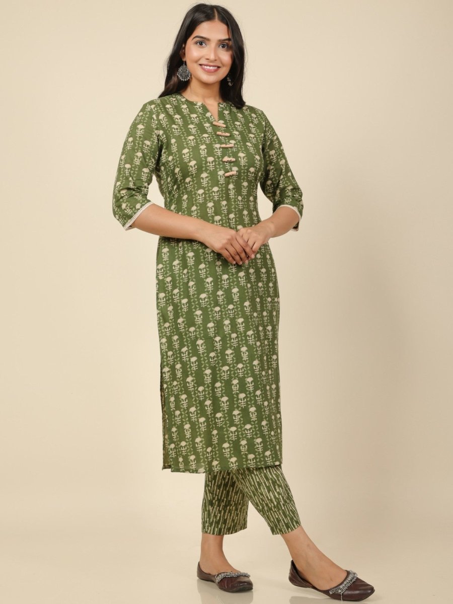 Aramya Straight Soft Cotton Floral Print Women's Kurta Set - Green | Grocsy
