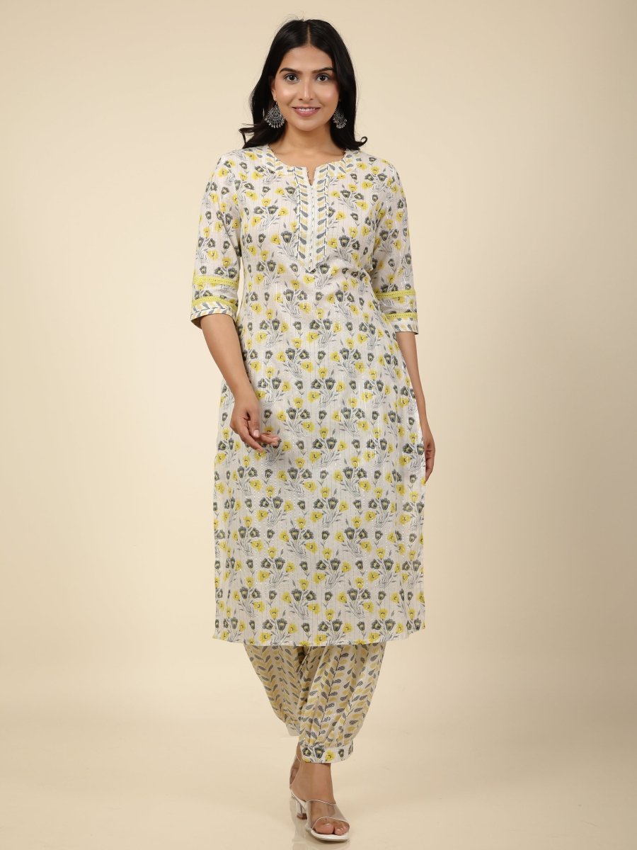 Aramya Straight Soft Cotton Floral Print Women's Kurta Set - Off White | Grocsy