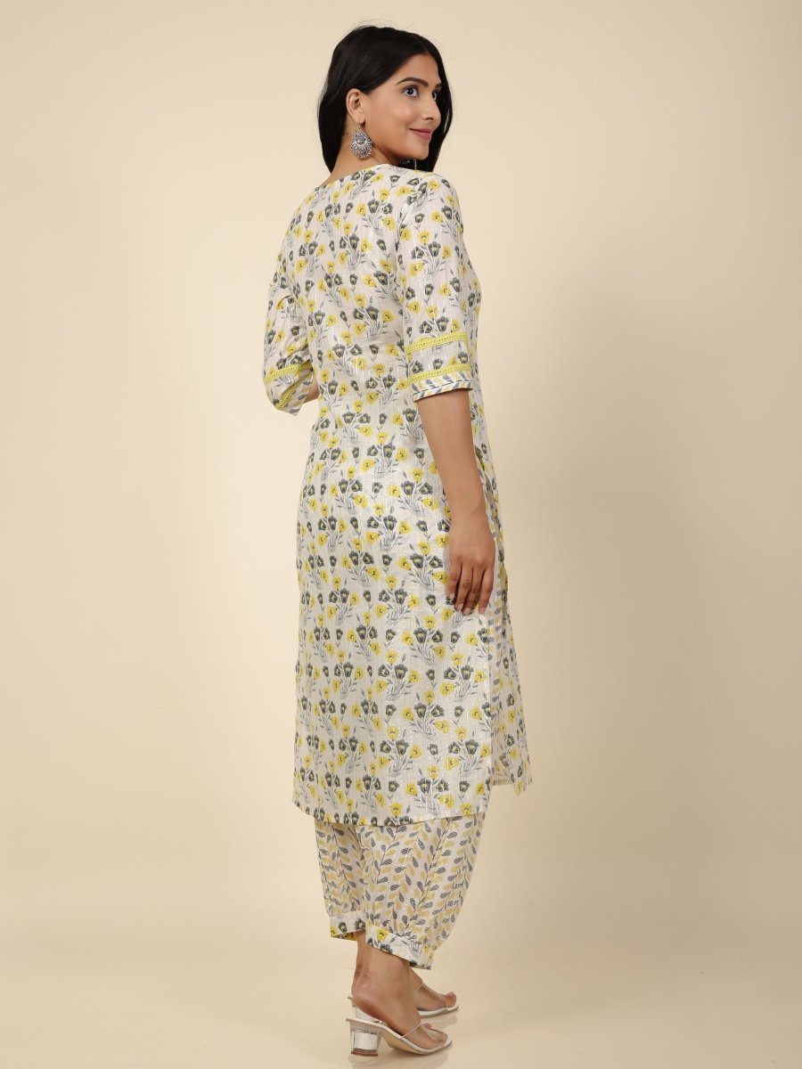 Aramya Straight Soft Cotton Floral Print Women's Kurta Set - Off White | Grocsy
