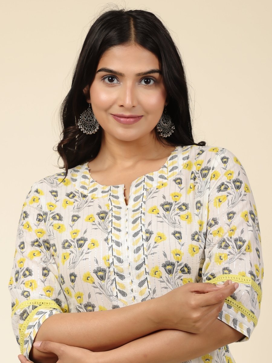 Aramya Straight Soft Cotton Floral Print Women's Kurta Set - Off White | Grocsy