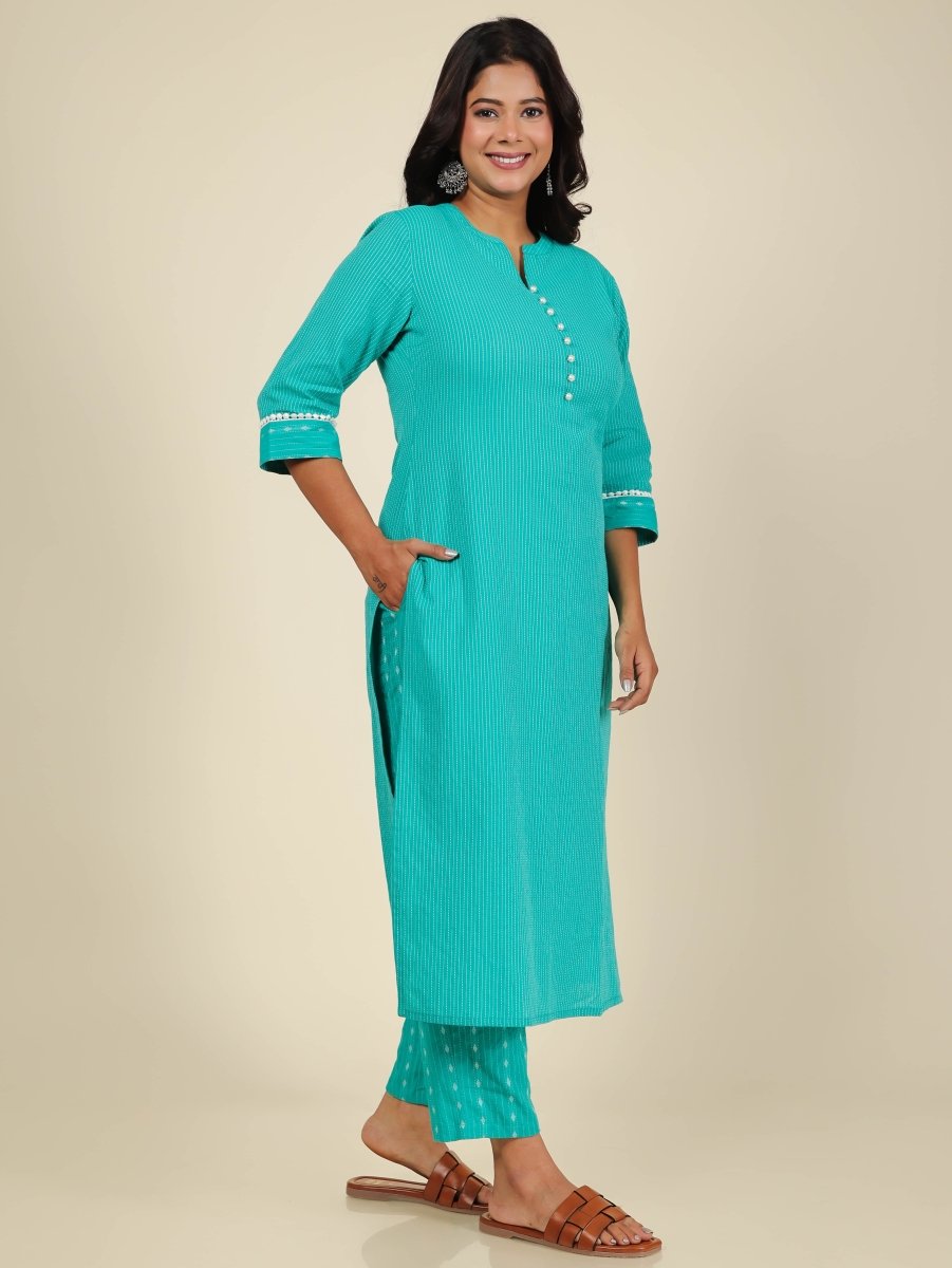 Aramya Straight Kantha Cotton Woven Design Print Women's Kurta Set - Turquoise | Grocsy