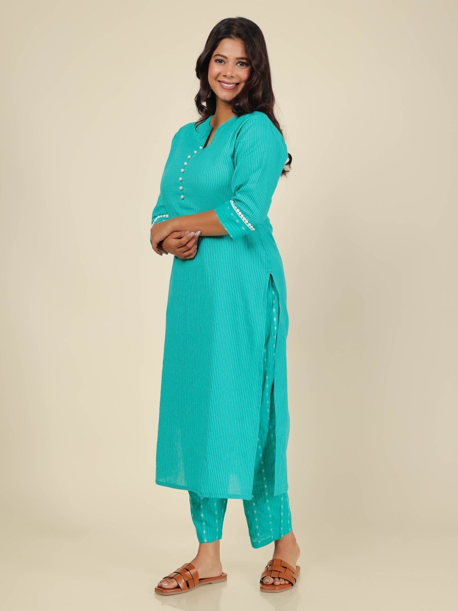 Aramya Straight Kantha Cotton Woven Design Print Women's Kurta - Turquoise | Grocsy