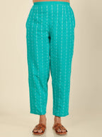 Aramya Straight Kantha Cotton Woven Design Print Women's Kurta Set - Turquoise | Grocsy