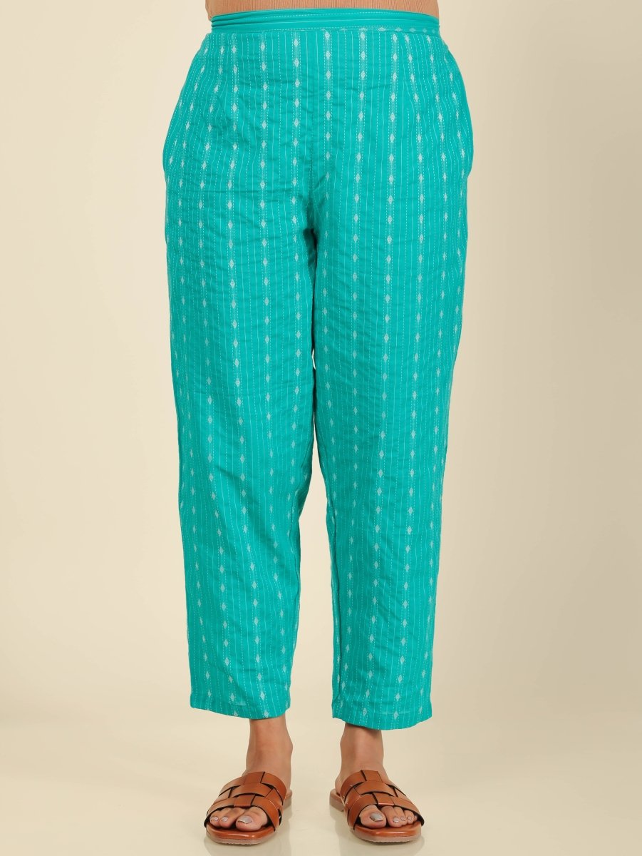 Aramya Straight Kantha Cotton Woven Design Print Women's Kurta Set - Turquoise | Grocsy