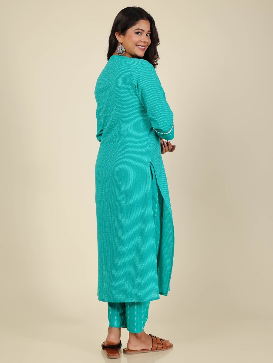 Aramya Straight Kantha Cotton Woven Design Print Women's Kurta Set - Turquoise | Grocsy