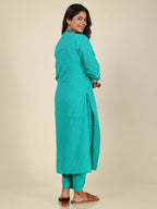 Aramya Straight Kantha Cotton Woven Design Print Women's Kurta - Turquoise | Grocsy