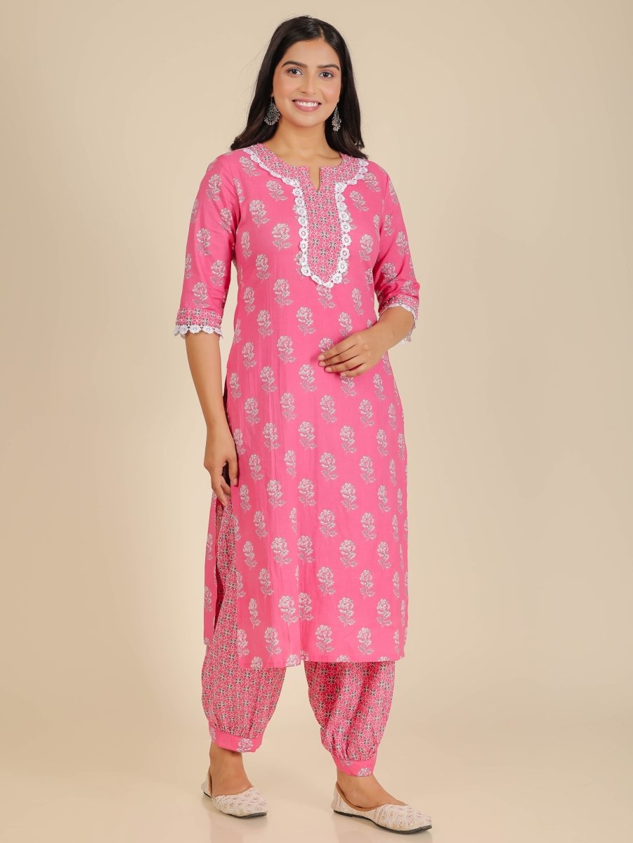 Aramya Straight Soft Cotton Floral Print Women's Kurta Set - Pink | Grocsy