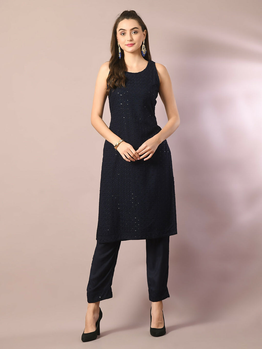 Myshka Women's Navy Blue Embroidered Cotton Straight Party Kurta Set | Grocsy