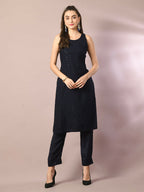 Myshka Women's Navy Blue Embroidered Cotton Straight Party Kurta Set | Grocsy