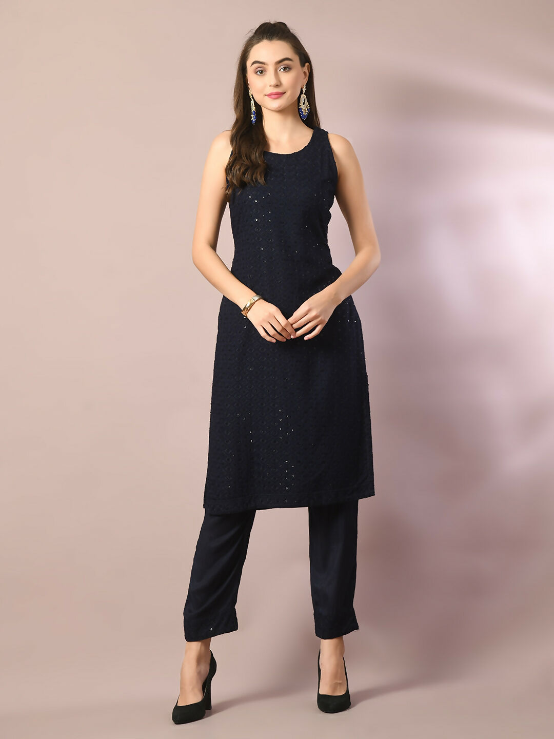 Myshka Women's Navy Blue Embroidered Cotton Straight Party Kurta Set | Grocsy