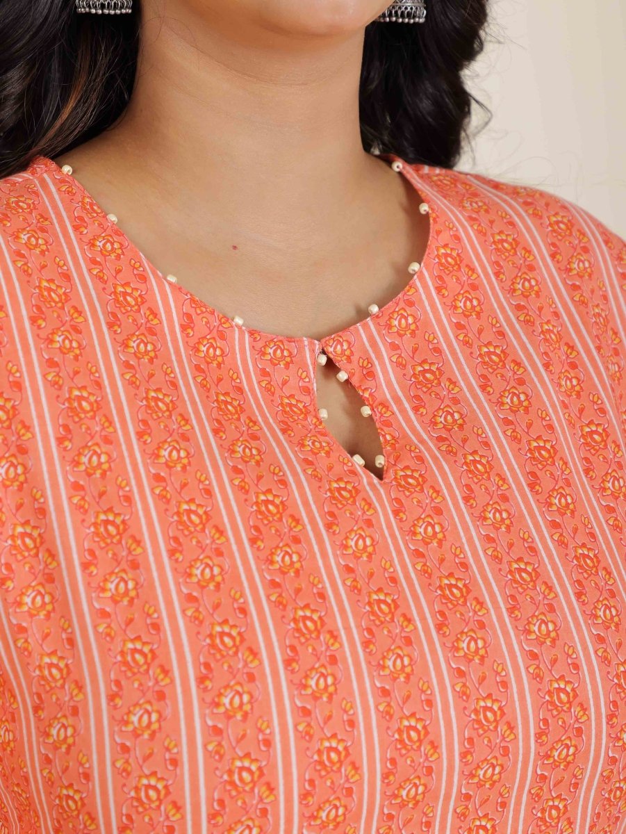 Aramya Straight Soft Cotton Striped Print Women's Kurta Set - Orange | Grocsy