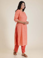 Aramya Straight Soft Cotton Striped Print Women's Kurta Set - Orange | Grocsy