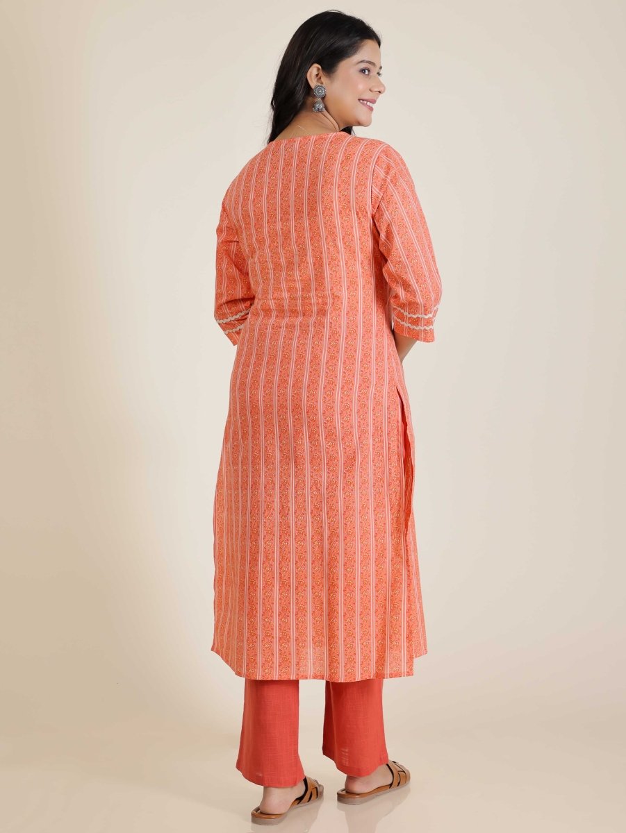 Aramya Straight Soft Cotton Striped Print Women's Kurta Set - Orange | Grocsy