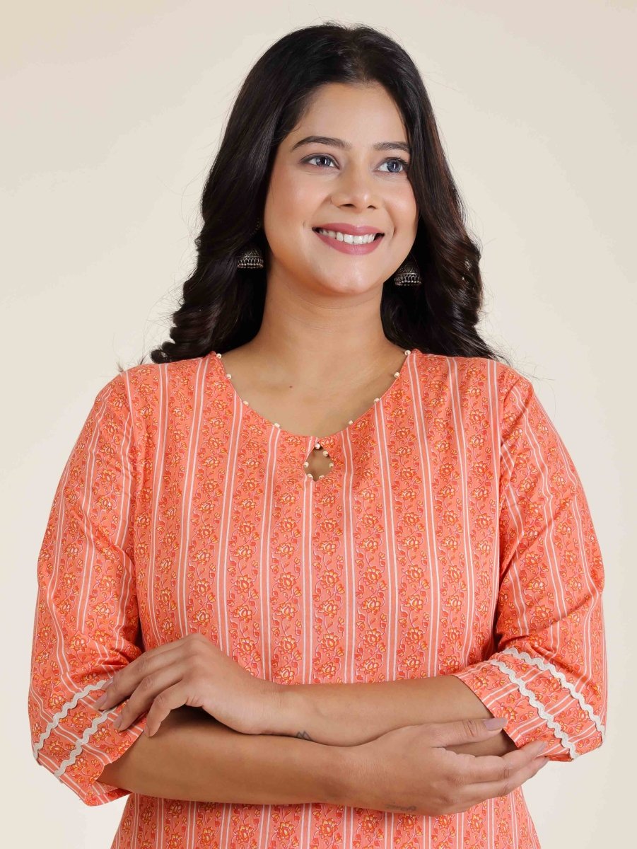 Aramya Straight Soft Cotton Striped Print Women's Kurta Set - Orange | Grocsy