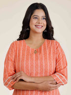 Aramya Straight Soft Cotton Striped Print Women's Kurta - Orange | Grocsy