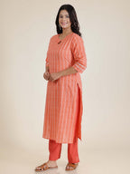 Aramya Straight Soft Cotton Striped Print Women's Kurta Set - Orange | Grocsy