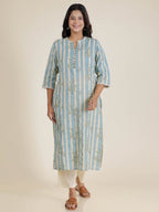 Aramya Straight Linen Cotton Striped Print Women's Kurta Set - Blue | Grocsy