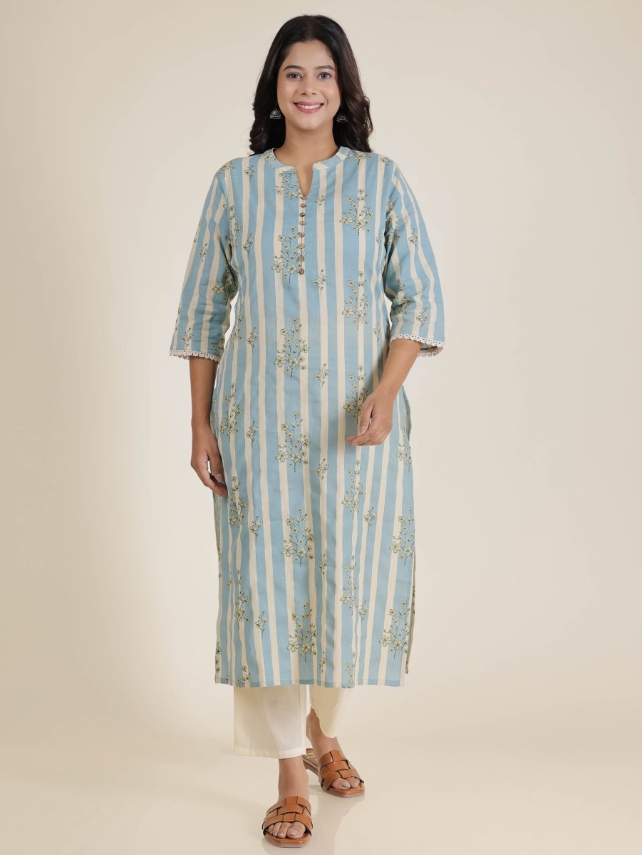Aramya Straight Linen Cotton Striped Print Women's Kurta Set - Blue | Grocsy