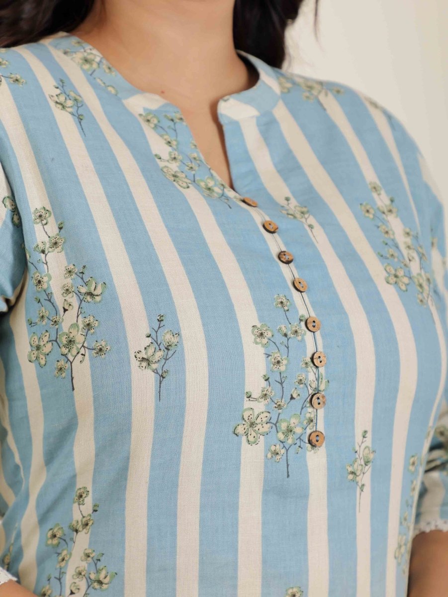 Aramya Straight Linen Cotton Striped Print Women's Kurta - Blue | Grocsy