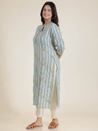 Aramya Straight Linen Cotton Striped Print Women's Kurta - Blue | Grocsy