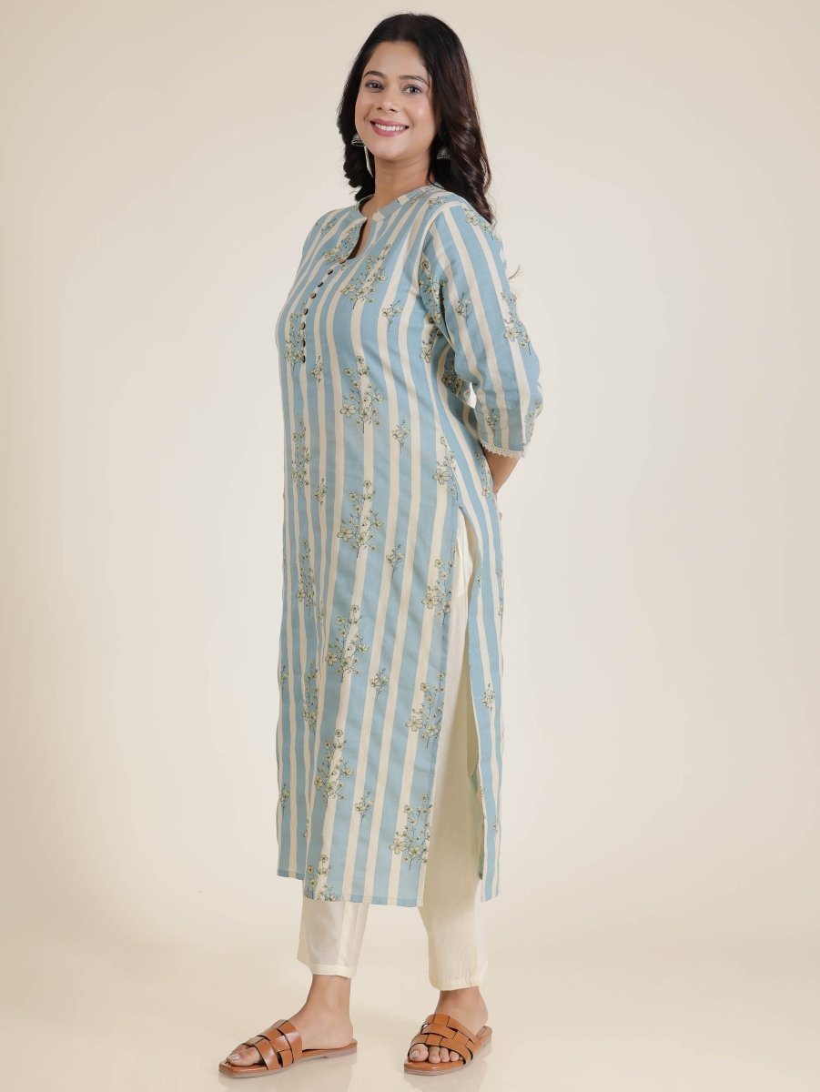 Aramya Straight Linen Cotton Striped Print Women's Kurta - Blue | Grocsy