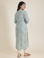 Aramya Straight Linen Cotton Striped Print Women's Kurta Set - Blue | Grocsy