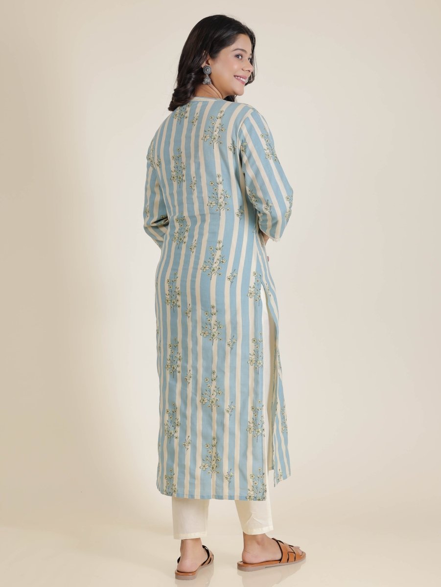 Aramya Straight Linen Cotton Striped Print Women's Kurta Set - Blue | Grocsy
