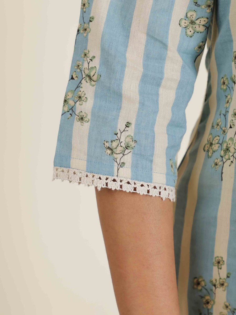 Aramya Straight Linen Cotton Striped Print Women's Kurta - Blue | Grocsy