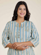 Aramya Straight Linen Cotton Striped Print Women's Kurta Set - Blue | Grocsy