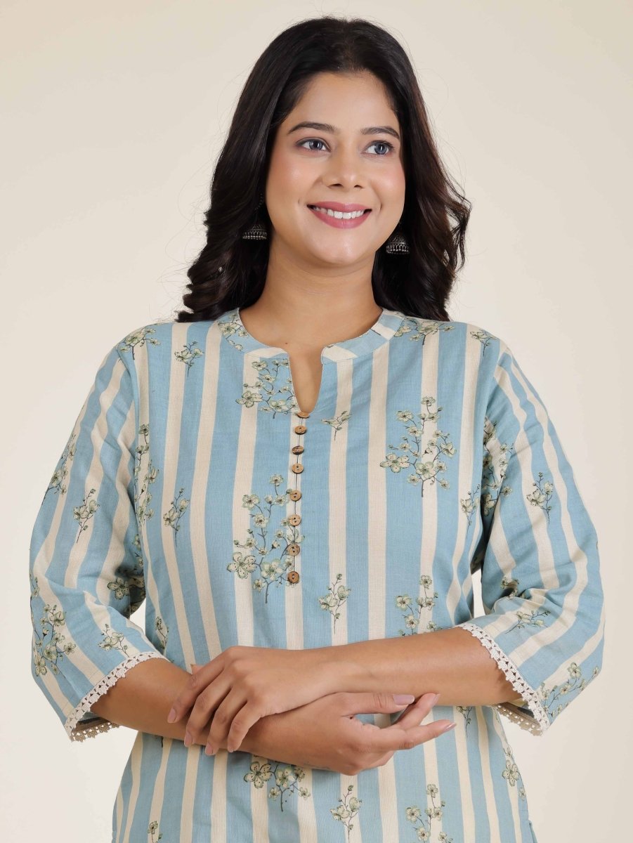 Aramya Straight Linen Cotton Striped Print Women's Kurta Set - Blue | Grocsy
